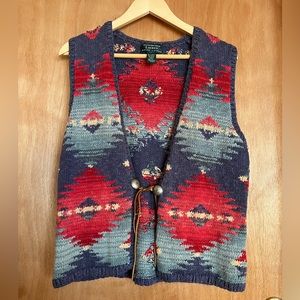 Vintage RALPH LAUREN hand-knit intarsia vest cotton/linen Western Style
